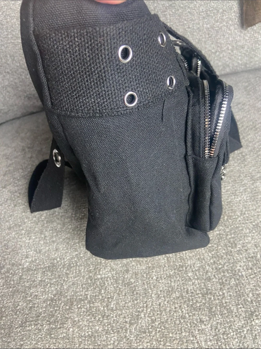 Black Canvas Grommet Belt Bag with Chain Accent